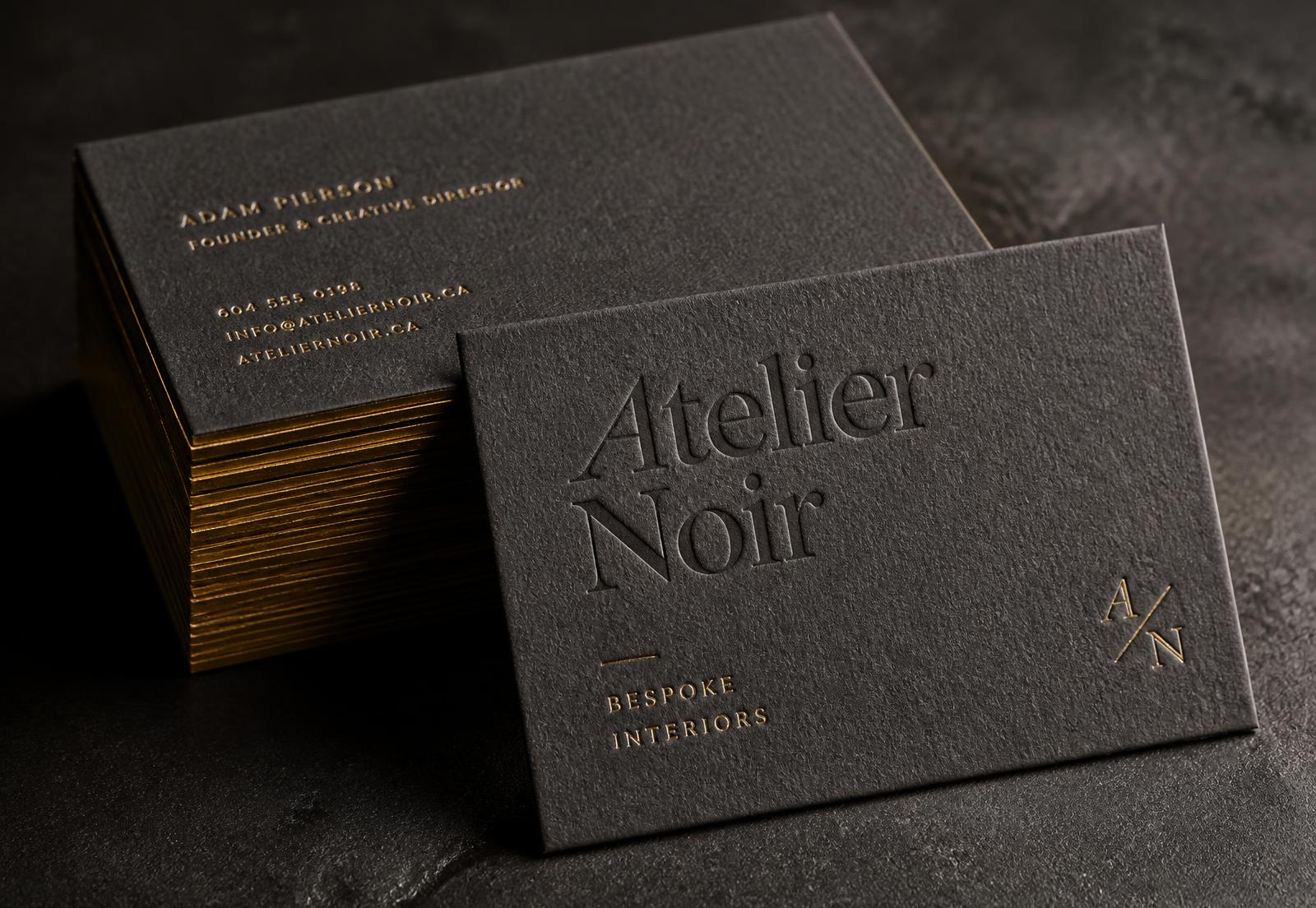 Stack of premium letterpress business cards with gold foil edges